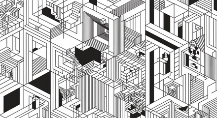Abstract architectural drawing featuring a complex isometric perspective of interconnected structures and geometric shapes in black and white.