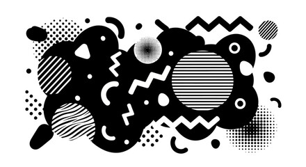 Abstract composition featuring various geometric shapes, including circles, zigzags, dots, and stripes, in a black and white color scheme.