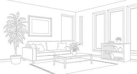 Line drawing of a living room interior featuring a sofa, coffee table, plant, bookshelf, and windows.