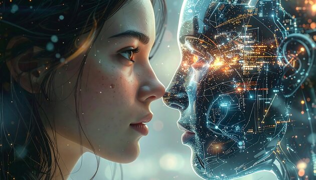 A human face to face with a cybernetic head, contact of worlds - Powered by Adobe