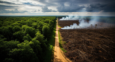 Deforestation's Impact: Green Forest Contrasts Burnt Landscape, Divided by Road