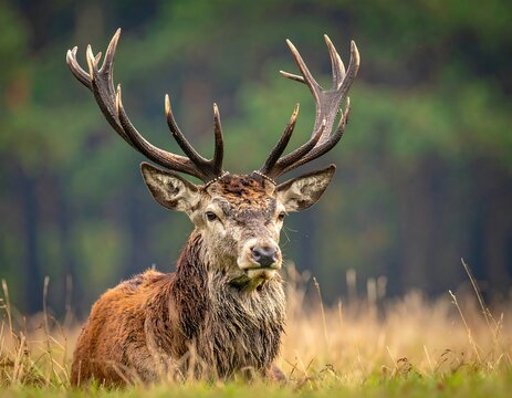 A majestic stag with large antlers rests in a grassy field