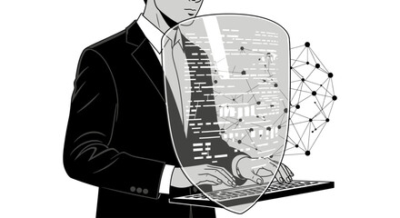 Man in suit types on a laptop protected by a digital shield displaying code and connected to a network.