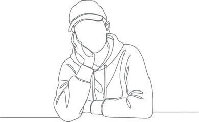 Sketch of a person wearing a hat and jacket leaning on a surface