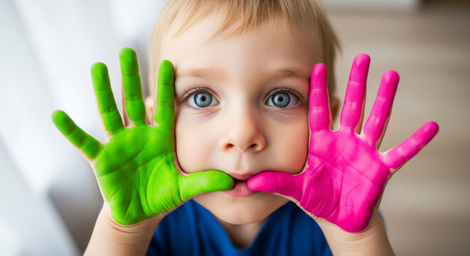Wide-eyed young child covering mouth with vibrant green and pink painted hands