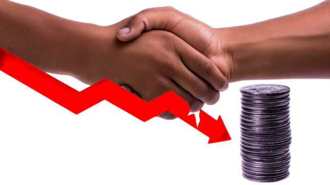 Black hands shaking with red downward arrow and stack of coins