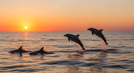 Sunset dolphins leap across calm ocean; orange sky glows as arcs rise over waves. Under a warm glow