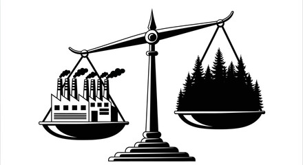 Factory belching smoke is weighed against a forest on a balance scale, illustrating the conflict between industry and environmental preservation.