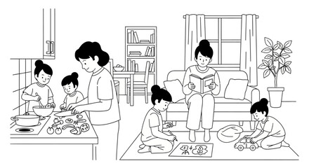 Line art illustration of a family at home: mother cooking with children, another reading, and children playing.