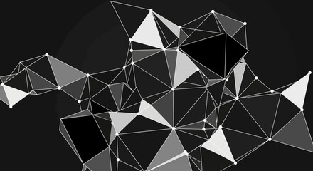 Abstract geometric design featuring interconnected triangles and lines in a grayscale color palette against a dark background.