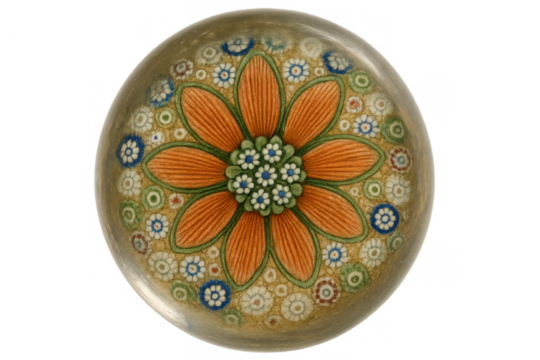 Millefiori glass paperweight showcasing an intricate orange flower design with blue and white floral details, transparent background