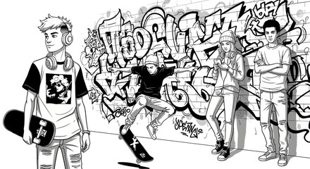 Group of four young people depicted in a black and white illustration standing and skateboarding in front of graffiti art on a brick wall.