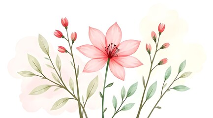Soft pink hand-drawn floral illustration with delicate petals and green leaves on a dark background.