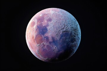 Alien planet, vibrant hues, cratered surface, round, space