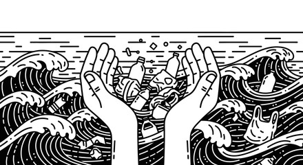 Two hands hold plastic waste above a stylized ocean with waves, symbolizing pollution and environmental concerns.