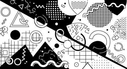 Abstract black and white composition featuring geometric shapes, lines, and patterns, creating a dynamic and visually engaging design.