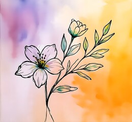 Soft pink hand-drawn floral illustration with delicate petals and green leaves on a dark background.