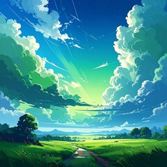 Fototapeta premium Cartoonish sunny landscape with clouds, a meadow, and trees