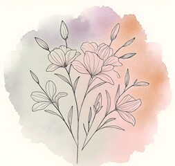 “Delicate floral line art with soft pink and green watercolor background, creating an elegant and minimal botanical aesthetic.”