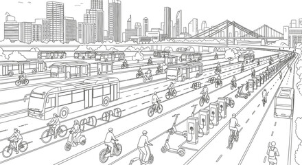 Line art illustration of a city skyline with a bridge, featuring buses, bicycles, scooters, and people using various modes of transportation.