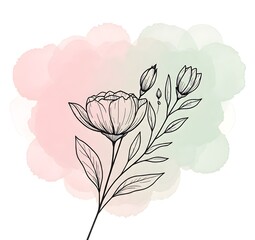 “Delicate floral line art with soft pink and green watercolor background, creating an elegant and minimal botanical aesthetic.”