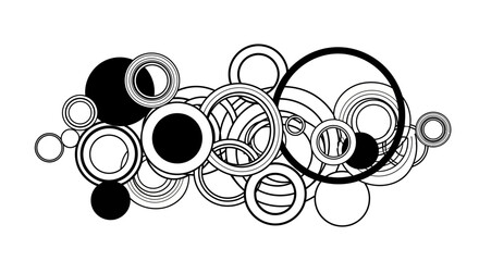 An abstract illustration featuring a cluster of overlapping circles in varying sizes and shades of black, white, and gray, creating a dynamic and modern design.