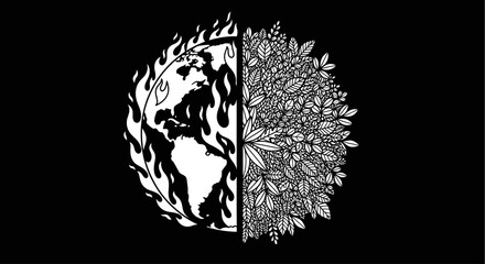 Half of the Earth is engulfed in flames, while the other half is covered in lush green foliage, symbolizing environmental contrast.