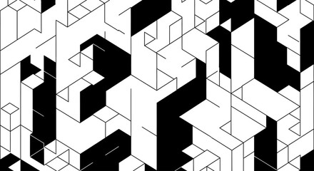 Abstract geometric pattern featuring interconnected black and white isometric shapes, creating a complex, maze-like visual texture.