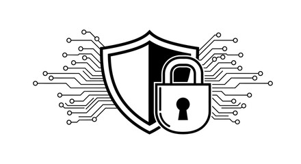 Illustration of a shield and padlock, representing cybersecurity, connected by a network of lines and nodes.