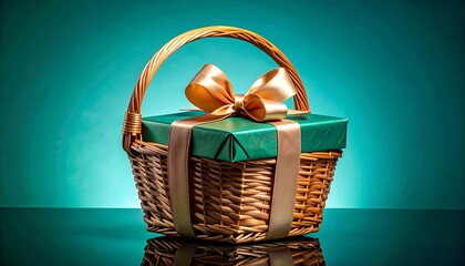 Gift Basket with Green Wrapped Present and Gold Ribbon.