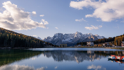 Landscape of Beautiful mountain lake Misurina in Dolomites - Lago di Misurina.,Italy