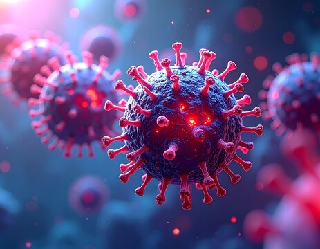 Close-up 3D render of viral particles with reddish spikes