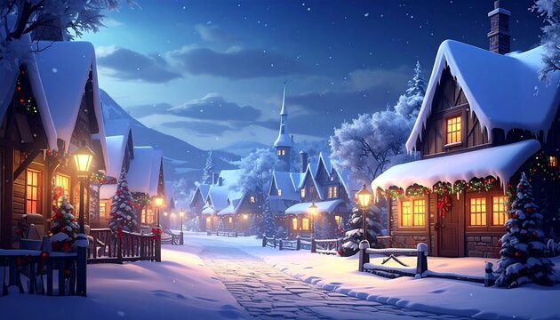 Charming snowy village scene with lit houses and a steeple