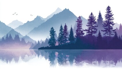 Tranquil mountain lake scene with misty mountains and forests reflected in the water