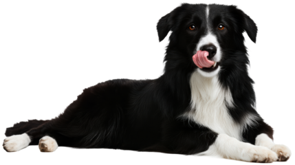 Black and white Border Collie dog licking its nose
