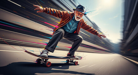 Joyful elderly man skateboarding with dynamic speed and colorful streaks