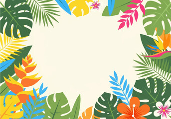 Tropical frame with colorful exotic flowers and leaves surrounding a blank space, creating a vibrant botanical border.