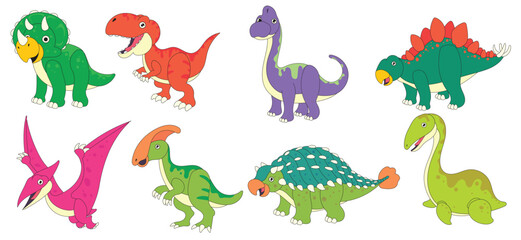 A fun collection of various dinosaur species in cute cartoon style, perfect for kids, games, and education © ekosetya