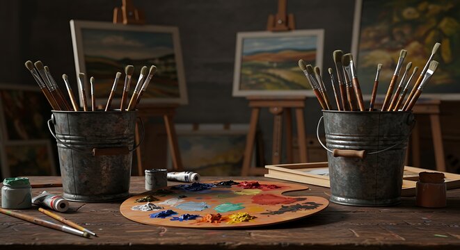 A still life of art supplies including paintbrushes, paint, palette, and easels in a studio setting - Powered by Adobe