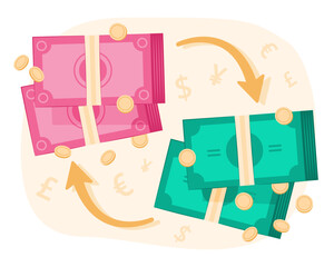 Money Exchange Between Two Foreign Cash Money Bundle for Financial and Foreign Currency Exchange Concept Illustration