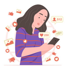 Woman Watching Social Media Content and Chatting on Smartphone for Social Media Addiction and FOMO Concept Illustration