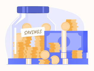 Stack of Cash Money and Savings Jar with Coins Inside for Savings and Financial Discipline Concept Illustration