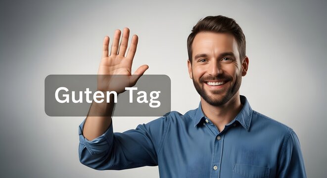 A smiling man with a beard and short hair waving his hand in a friendly gesture against a plain gray background