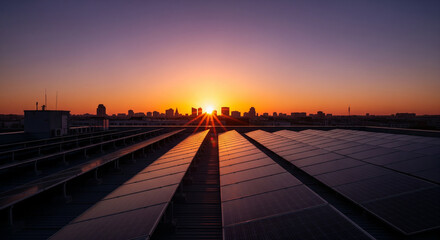Rooftop solar panels generating power with golden sun rays over city skyline at sunset