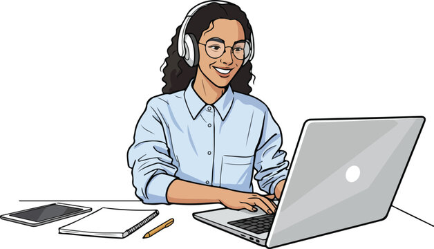 Young beautiful Indian female programmer working in office with laptop vector cartoon illustration