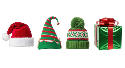 Collection of christmas hats and a gift isolated on transparent background