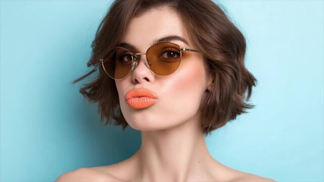 a beautiful woman with short brown hair, wearing sunglasses and blowing a kiss in front of a light blue background
