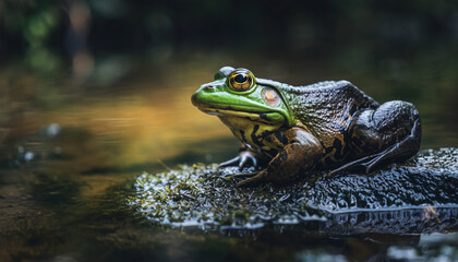 Obraz premium Large Bullfrog Sitting on Mossy Rock in Water
