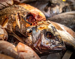Close-up of various fresh fish on ice, one with head damage