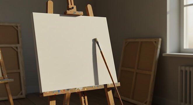 A close up of a blank canvas on an easel with a paintbrush in a bright art studio setting indoors